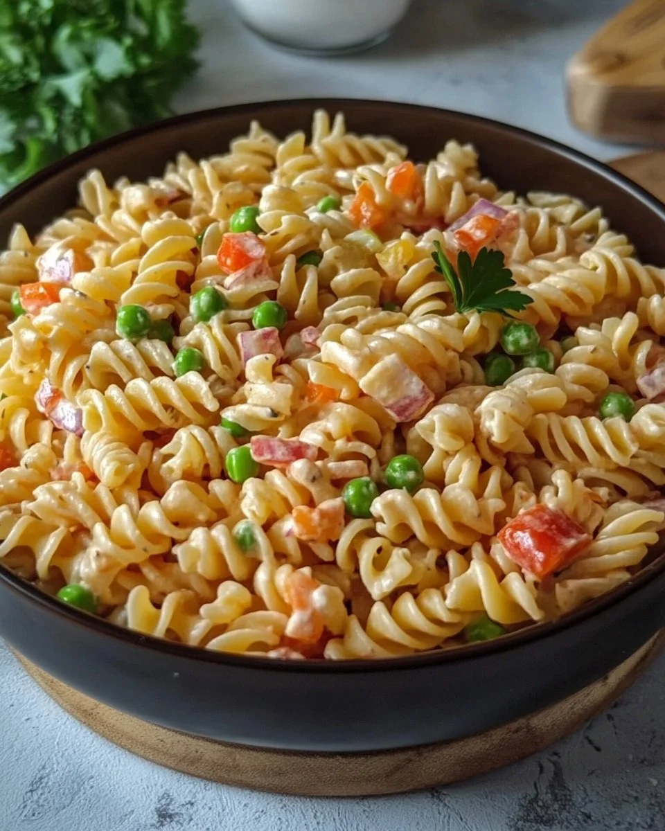 Nudelsalat mit leckerer Geheimsoße auf einem bunten Teller angerichtet