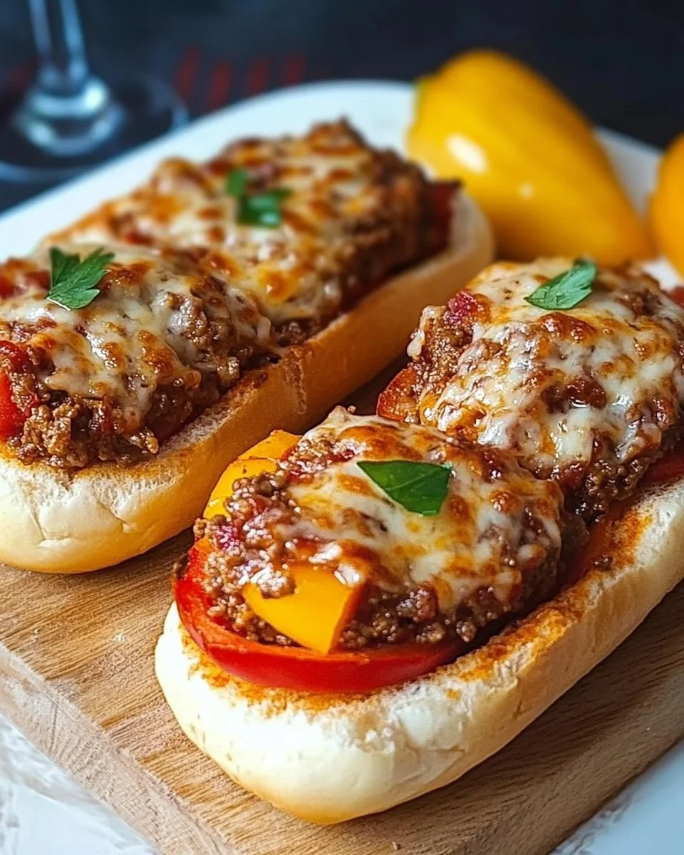 Leckere Pizza Hackfleisch Brötchen auf einem Holzbrett serviert