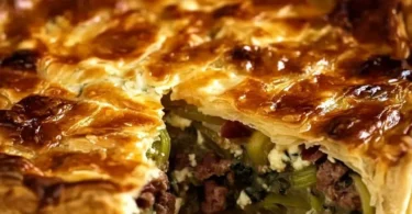 Porree-Hackfleisch-Torte auf einem Teller serviert mit frischen Kräutern.