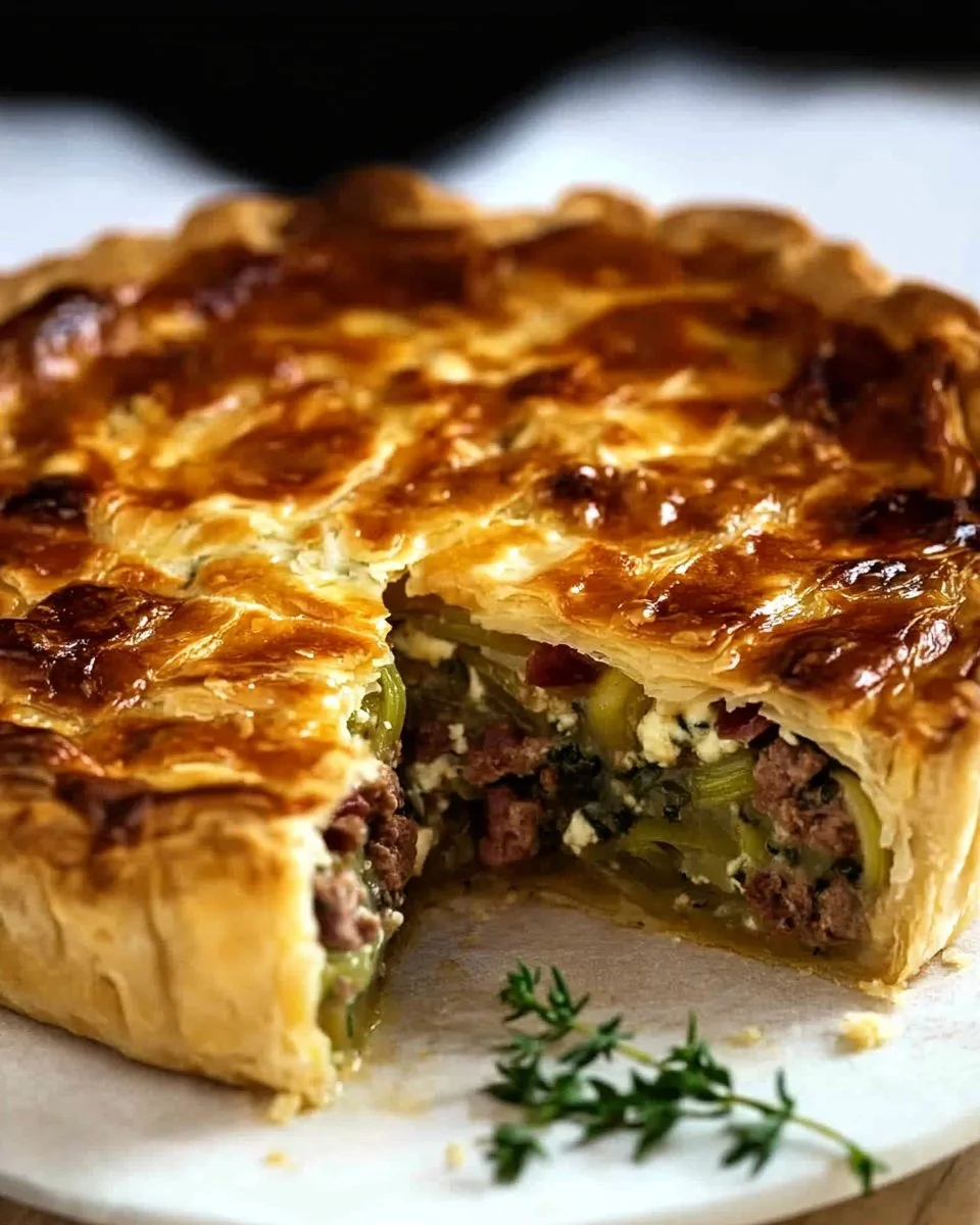 Porree-Hackfleisch-Torte auf einem Teller serviert mit frischen Kräutern.