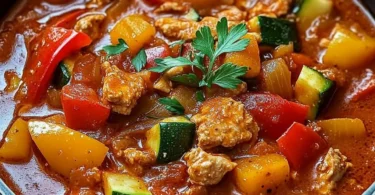 Putengulasch mit Paprika und Zucchini auf einem Teller serviert