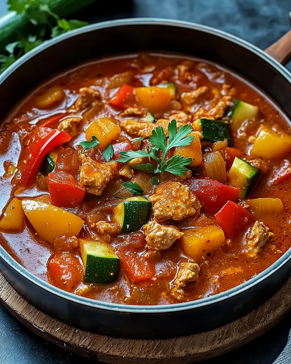 Putengulasch mit Paprika und Zucchini auf einem Teller serviert