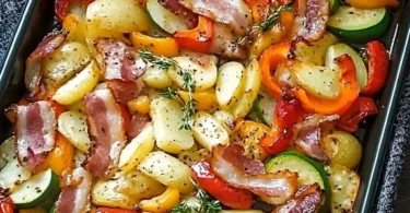 Putenwanne mit frischem Gemüse und Speck auf einem Blech gebacken