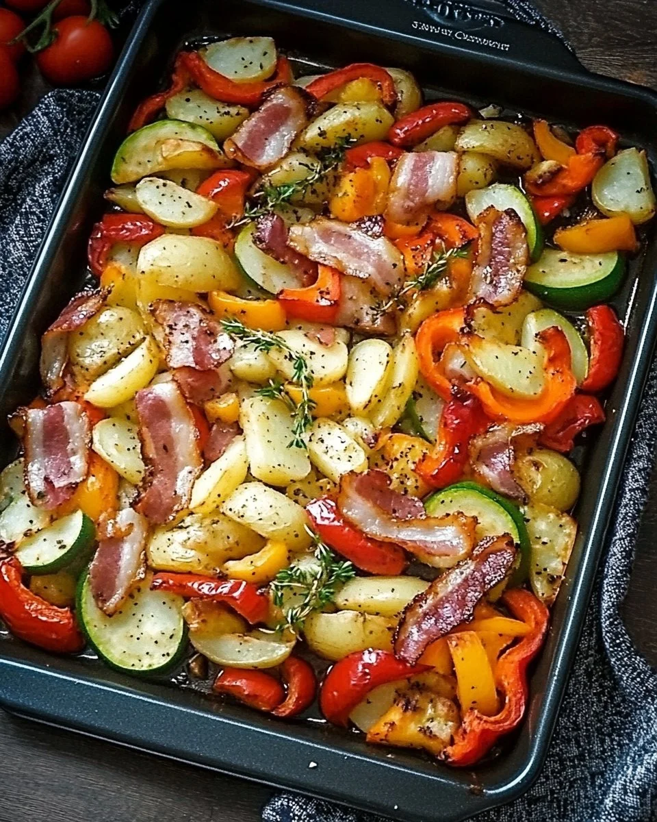 Putenwanne mit frischem Gemüse und Speck auf einem Blech gebacken