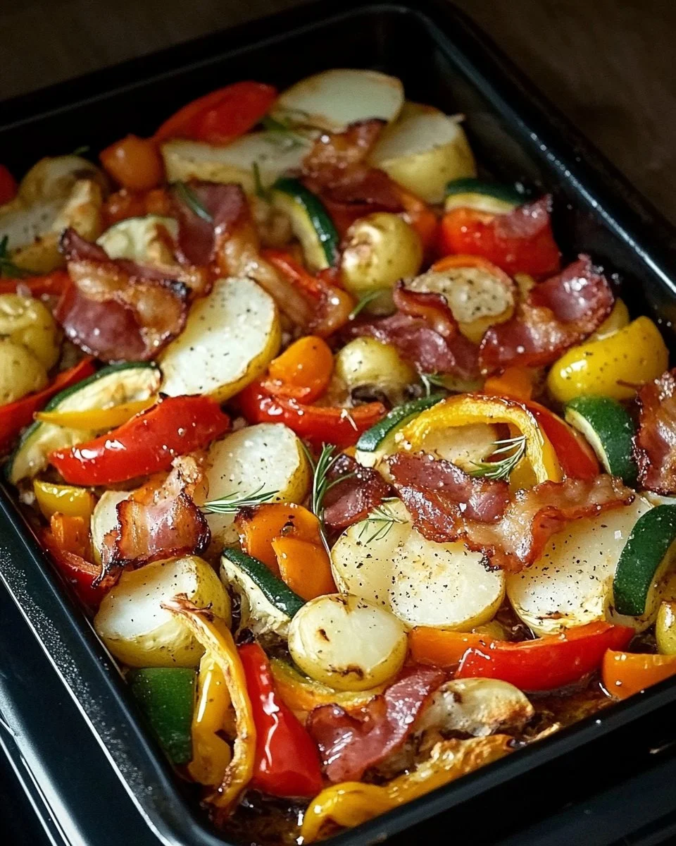Putenwanne mit Gemüse und Speck vom Blech