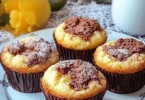 Saftige Russische Zupfkuchen-Muffins mit Käsekuchen- und Schokoladenmischung.