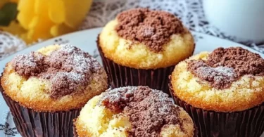 Saftige Russische Zupfkuchen-Muffins mit Käsekuchen- und Schokoladenmischung.
