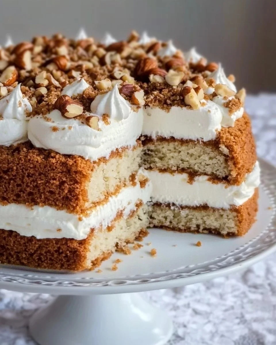 Sahne Nusstorte mit Nüssen und Sahnefüllung auf einem Teller
