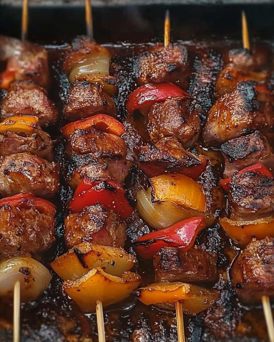 Leckeres Schaschlik auf einem Grill, ideal für gesellige Abende