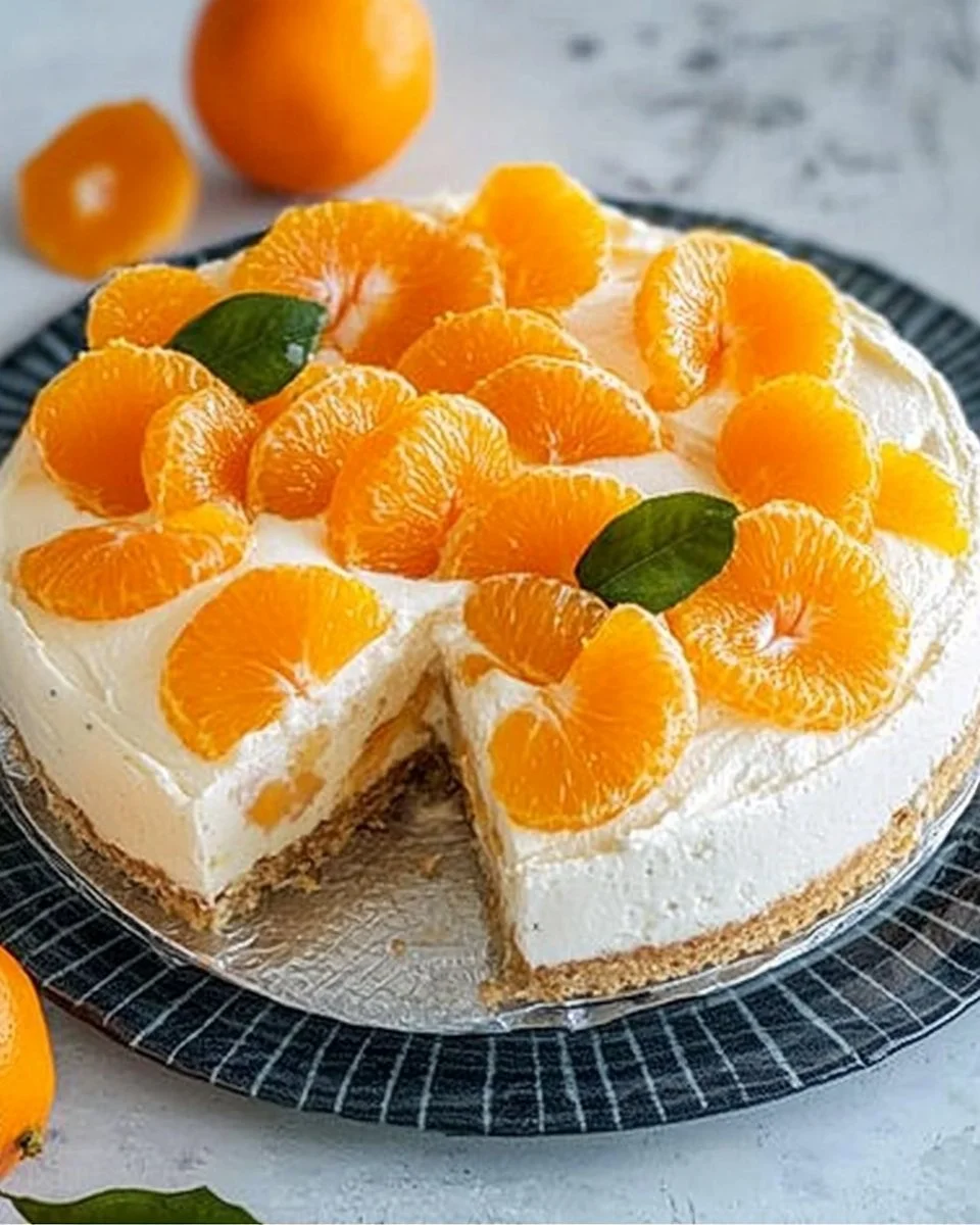 Schüttelkuchen mit Pudding und Mandarinen auf einem Teller