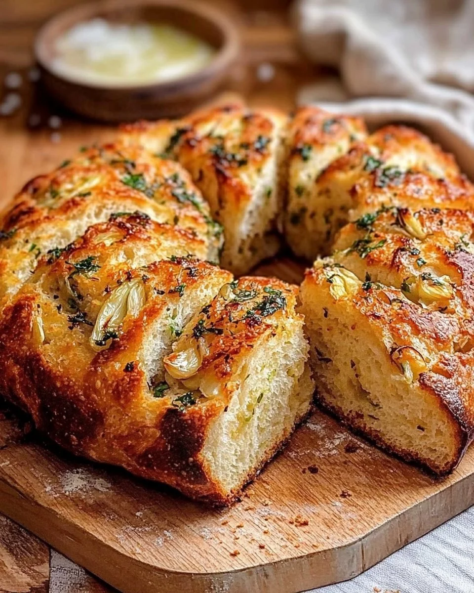 Selbstgebackenes Knoblauchbrot frisch aus dem Ofen