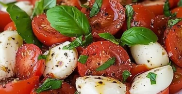 Tomatensalat mit Mozzarella und Basilikum auf einem weißen Teller