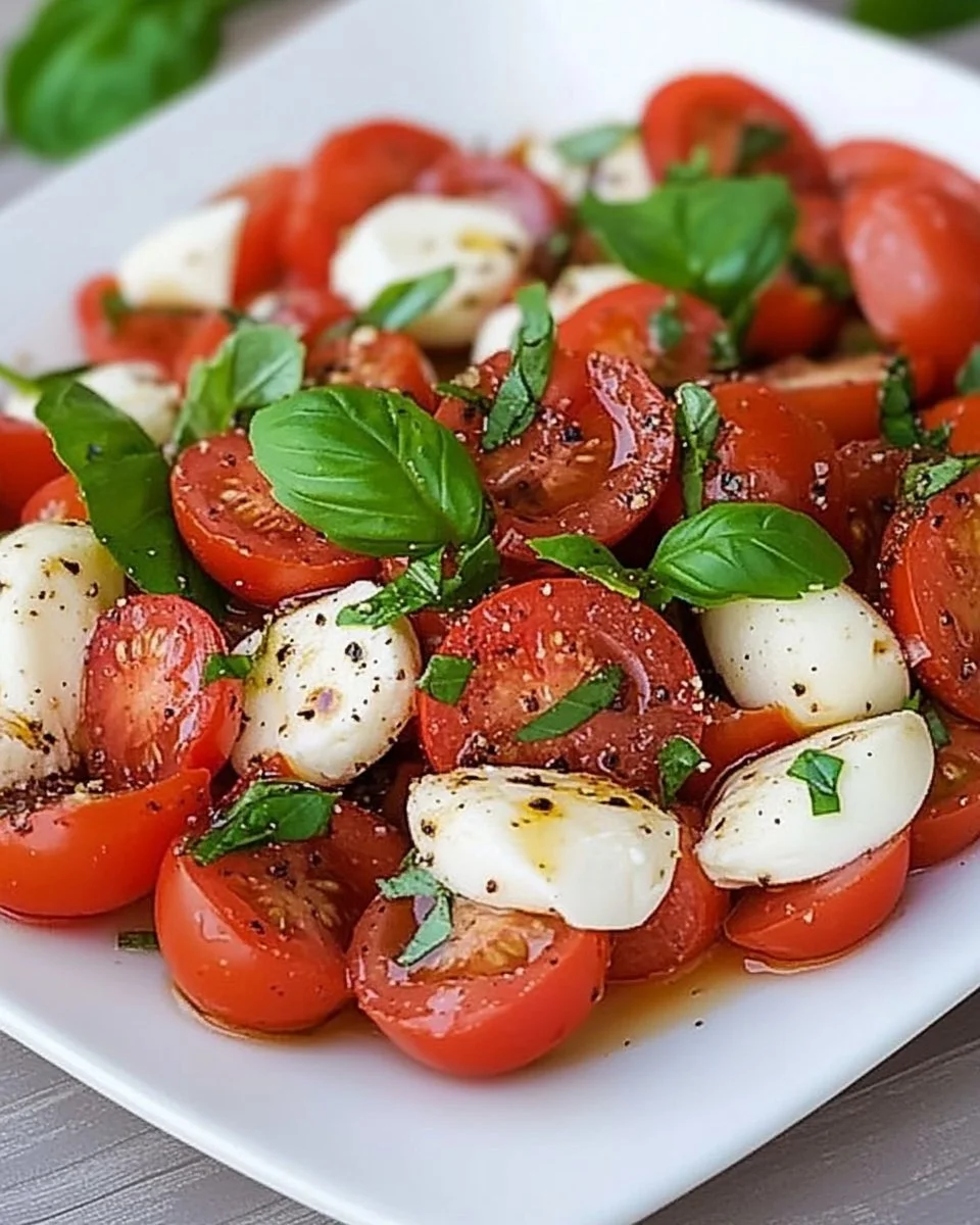 Tomatensalat mit Mozzarella und Basilikum auf einem weißen Teller