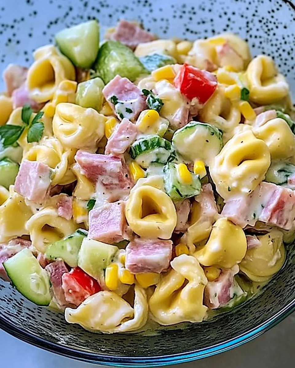 Frischer Tortellinisalat mit buntem Gemüse und Dressing