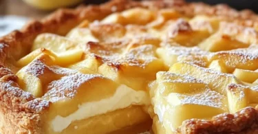 Apfelkuchen mit Vanillepudding auf einem Teller serviert