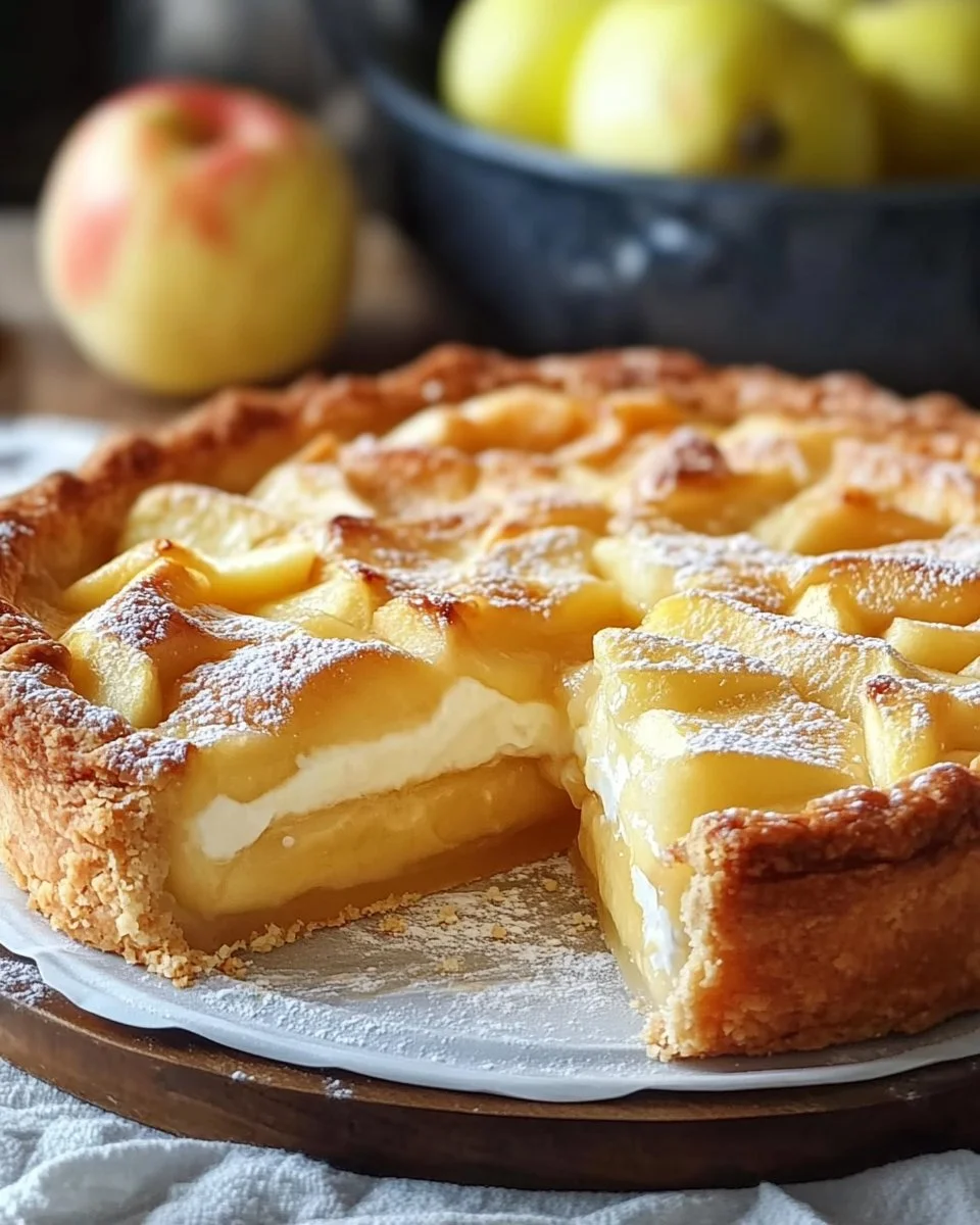 Apfelkuchen mit Vanillepudding auf einem Teller serviert