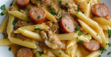 Würstchen-Senf-Gulasch mit Penne präsentiert auf einem Teller