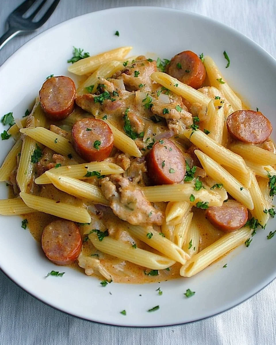 Würstchen-Senf-Gulasch mit Penne präsentiert auf einem Teller