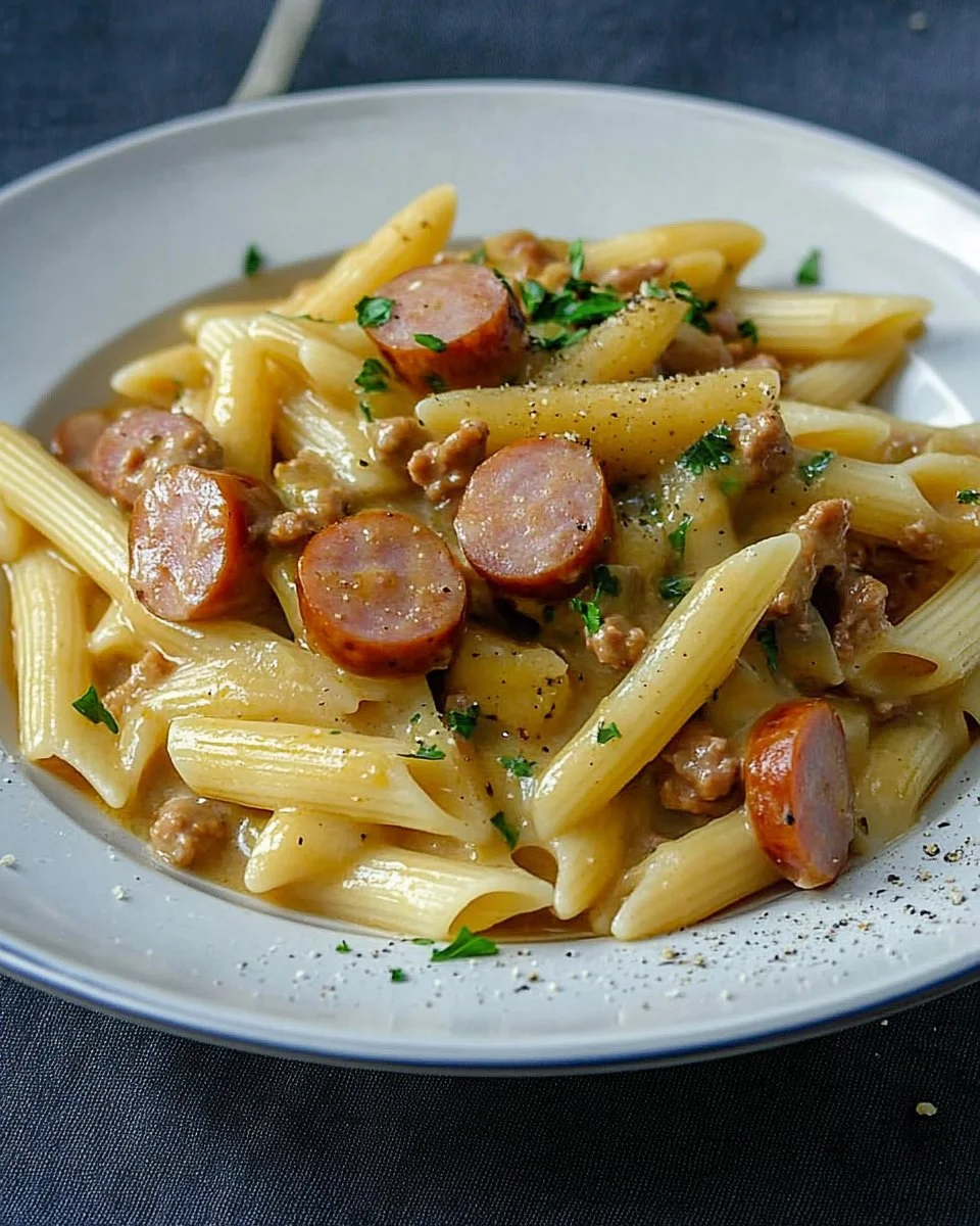 Würstchen-Senf-Gulasch mit Penne