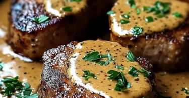 Zarte Schweinemedaillons in cremiger Senf-Sahnesauce serviert.