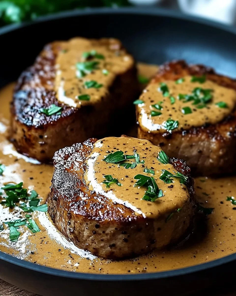 Zarte Schweinemedaillons in cremiger Senf-Sahnesauce serviert.