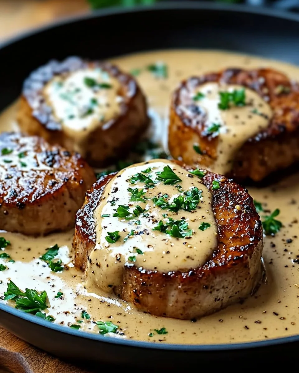 Zarte Schweinemedaillons in Senf-Sahnesauce