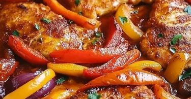 Zigeuner Schnitzel frisch aus dem Ofen, serviert mit Beilage und Sauce.