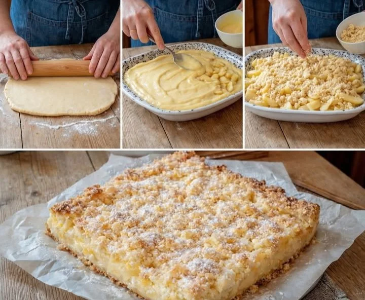 15-Minuten Vanillepudding-Streuselkuchen auf einem Blech, frisch gebacken und dekoriert.