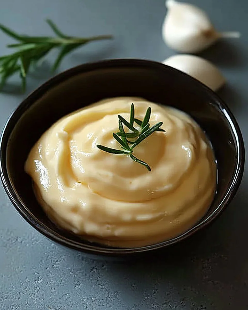 Selbstgemachtes Aioli in einer Schüssel mit knusprigem Brot daneben