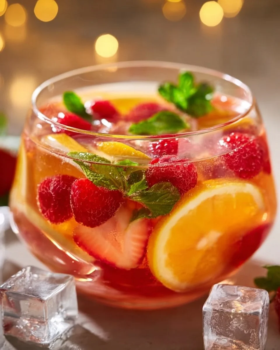 Erfrischende alkoholfreie Bowle mit Früchten auf einem Tisch.