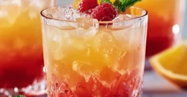 Ein alkoholfreier Tequila Sunrise mit frischen Früchten und buntem Getränkeglas.