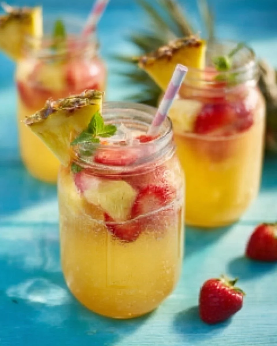 Erfrischende Ananas-Erdbeer-Bowle in einer Glasschale mit frischen Früchten.