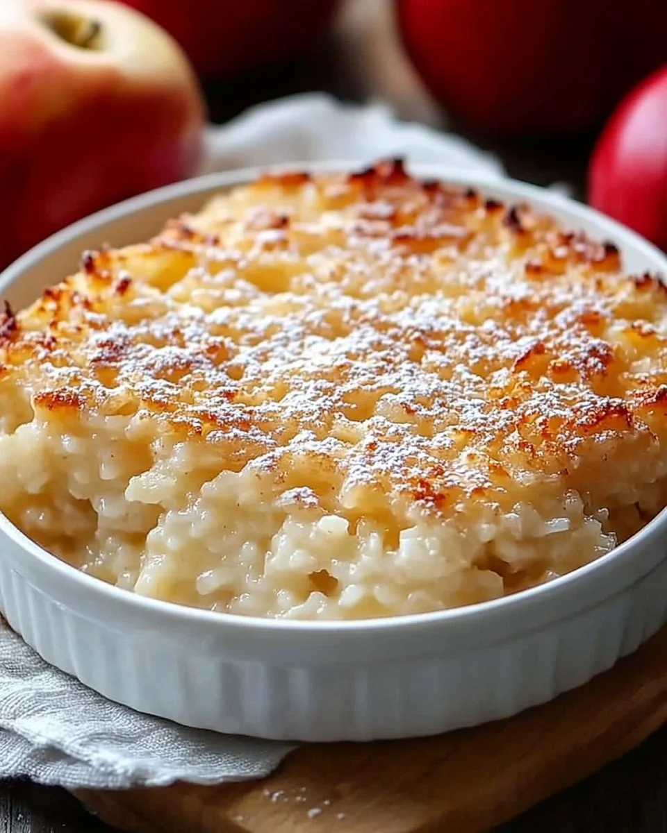 Leckerer Apfel-Reis-Auflauf aus frischen Äpfeln und Reis, serviert in einer Auflaufform.