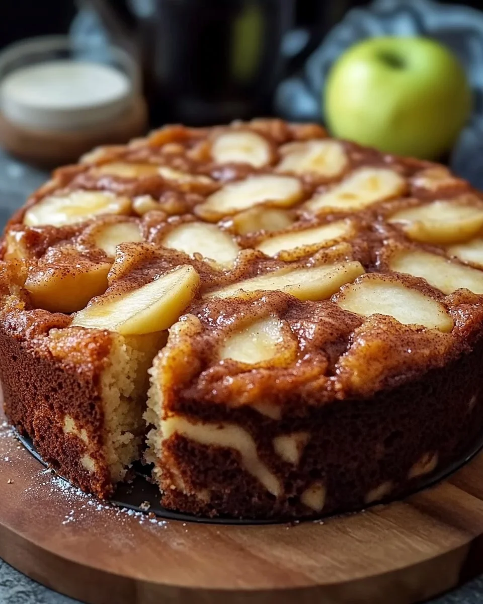 Leckerer Apfel Zimt Kuchen auf einem Teller serviert, mit Zimtstangen und Äpfeln dekoriert.