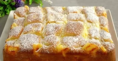 Apfelkuchen mit Vanillepudding auf einem Teller serviert