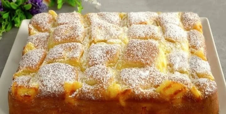 Apfelkuchen mit Vanillepudding auf einem Teller serviert