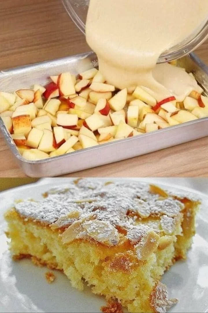 Apfelkuchen mit Vanillepudding auf einem Teller garniert mit Äpfeln