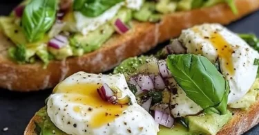 Leckere Avocado-Burrata-Bruschetta mit frischem Basilikum