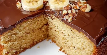 Leckerer Bananenkuchen mit Bananen und Nüssen auf einem Teller