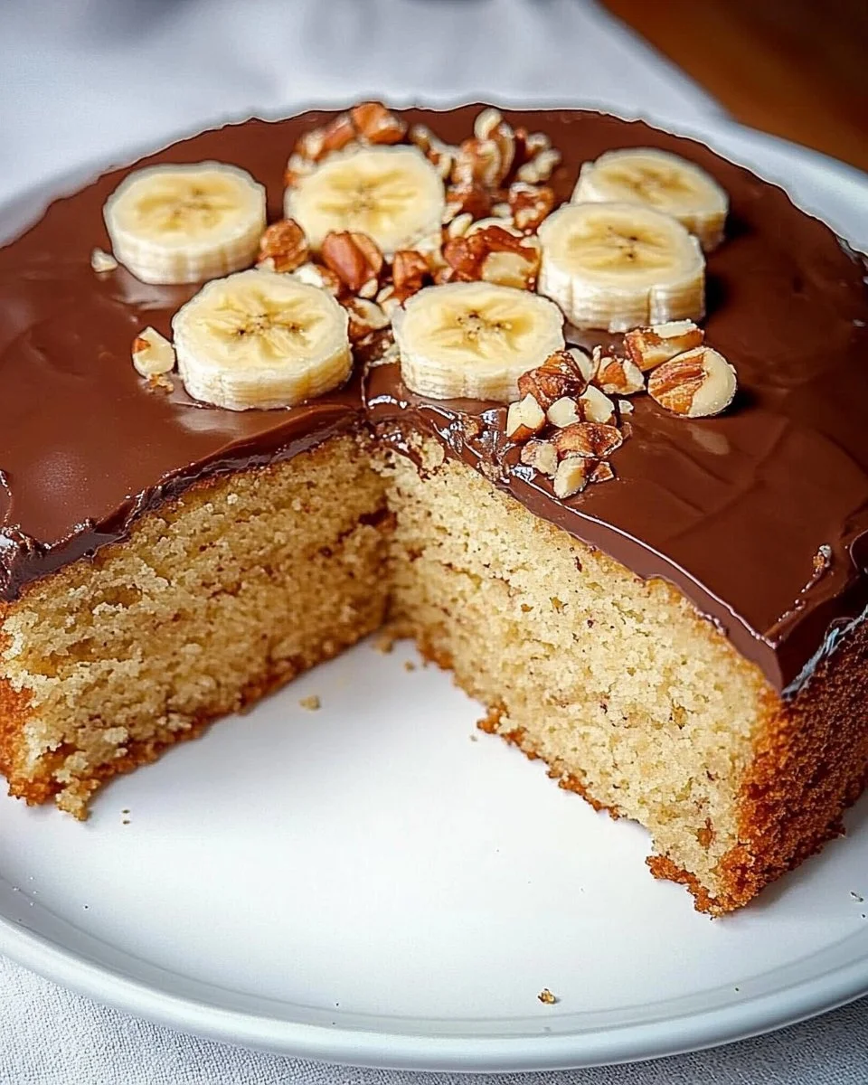 Leckerer Bananenkuchen mit Bananen und Nüssen auf einem Teller