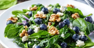 Bärlauch-Salat mit Spinat und Heidelbeeren auf einem Teller angerichtet.