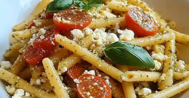 Basilikum-Sesam-Pasta mit Feta auf einem Teller garniert