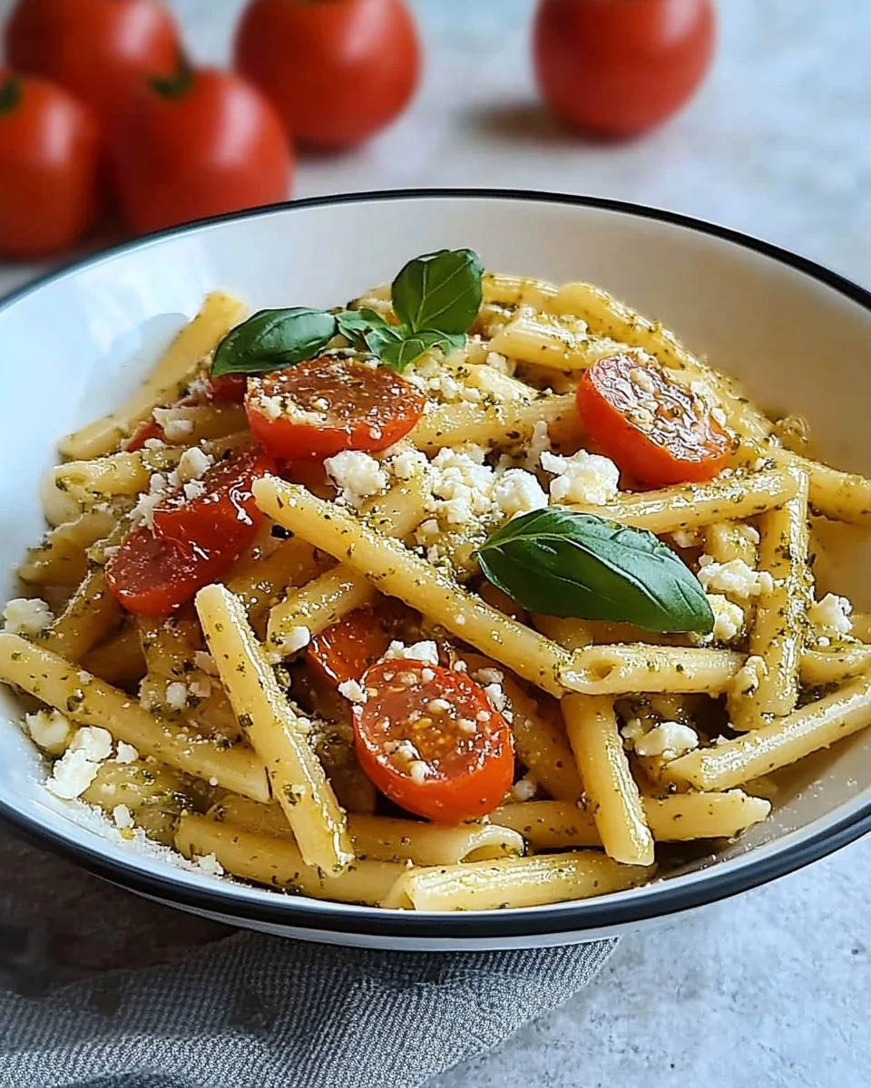 Basilikum-Sesam-Pasta mit Feta auf einem Teller garniert