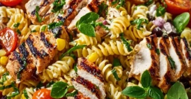 BBQ Hähnchen Pasta Salat mit frischem Gemüse und würzigem Dressing