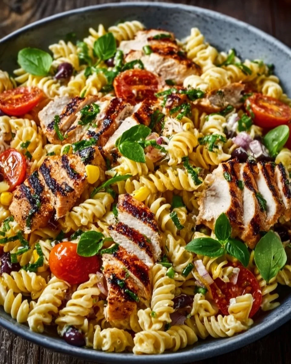 BBQ Hähnchen Pasta Salat mit frischem Gemüse und würzigem Dressing