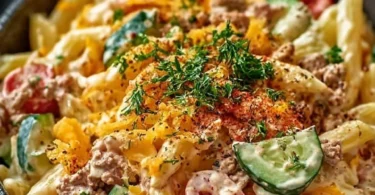 Big Mac Nudelsalat in einer Schüssel mit frischen Zutaten und Dressing
