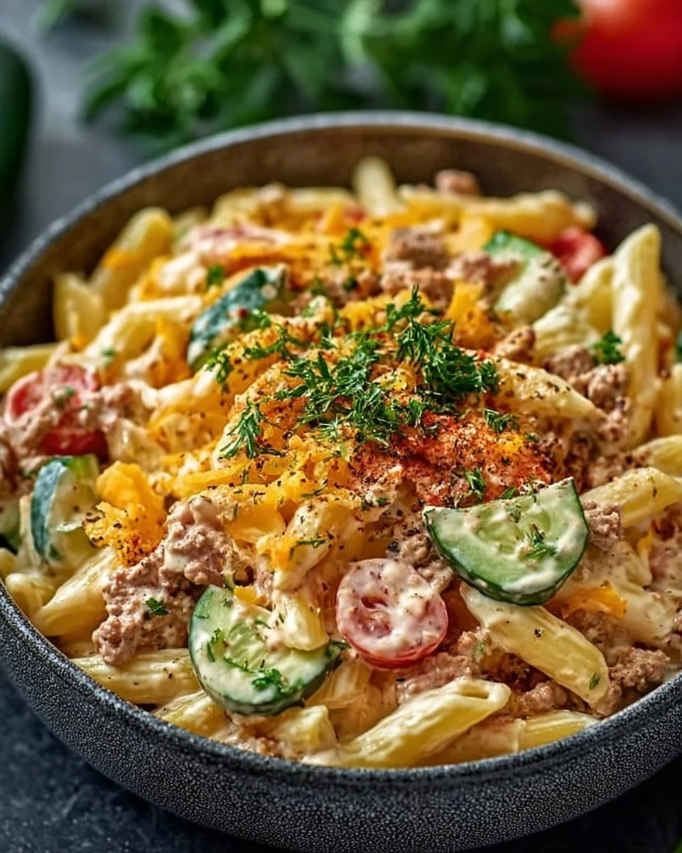 Big Mac Nudelsalat in einer Schüssel mit frischen Zutaten und Dressing