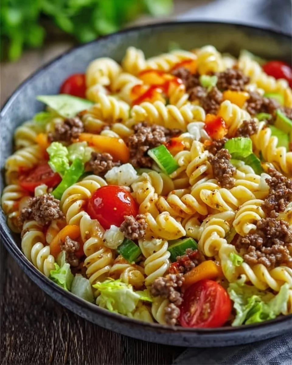 Big Mac Pastasalat mit frischen Zutaten und würzigem Dressing