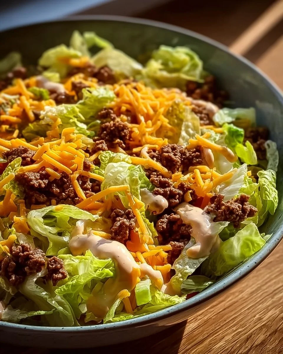 Big Mac Salat mit frischem Gemüse und Burger-Zutaten, gesunde Alternative zum Big Mac