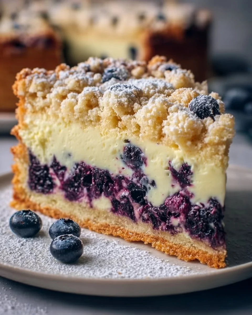 Blaubeerkuchen mit Pudding und Streusel auf einem Teller